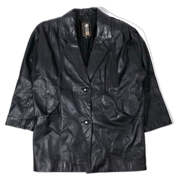 VINTAGE Black 100% Leather Western Cowboy Button Down Rancher Coat Jacket Small - Picture 1 of 9